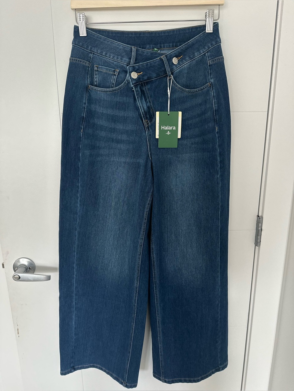 Halara Flex Asymmetric High Waisted Washed Casual Baggy Jeans with Pockets